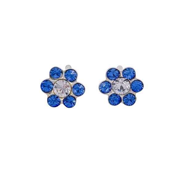 Sterling Silver 925 7.2mm Blue & Clear Cubic Zirconia Flower Stud Earrings - Picture 4 of 7